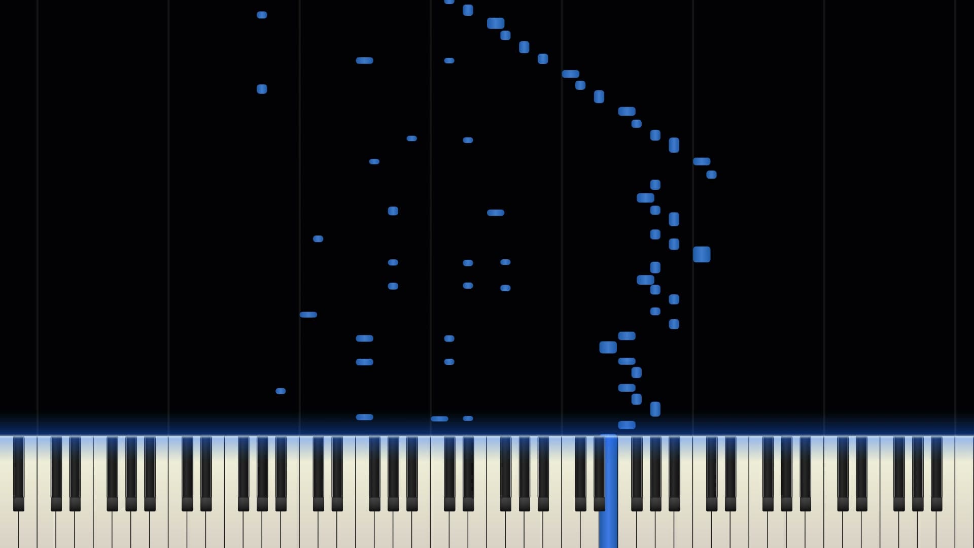 PianoViz falling-note visualization of Minute Waltz above a piano keyboard